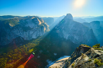 Glacier Point Sunrise View with Sunbeams Over Half Dome and Yosemite Valley