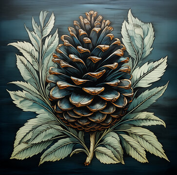 Pinecone Woodcut Illustration, Fall, Foliage