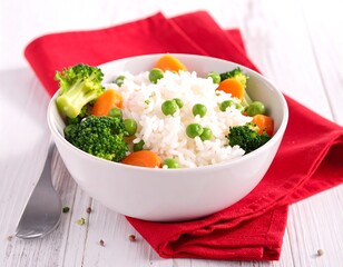 A Close-up of a Bowl of Rice with Vegetables on a Red Napkin