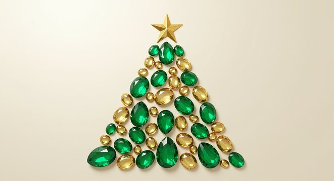 A stylized Christmas tree formed by green emeralds and yellow topaz gemstones, topped with a gold star on a light cream background.