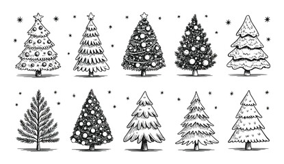 Black Christmas Tree Sketch Illustration – Hand Drawn Style on White Background for Holiday Decoration, Minimal Design Elements, or Seasonal Art Projects and Cards