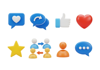 Social media icons with chat and user interaction isolated on a transparent background message heart
