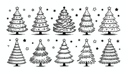 Black Christmas Tree Sketch Illustration – Hand Drawn Style on White Background for Holiday Decoration, Minimal Design Elements, or Seasonal Art Projects and Cards