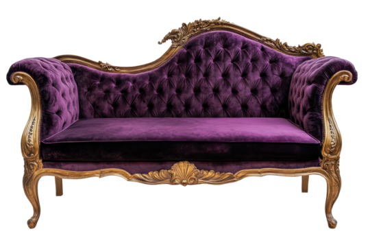Luxurious purple velvet fainting couch with elegant gold accents adds sophistication to any living space or event setting