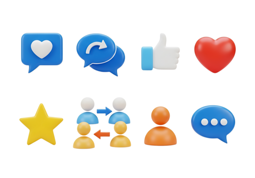 Social media icons with chat and user interaction isolated on a transparent background message heart