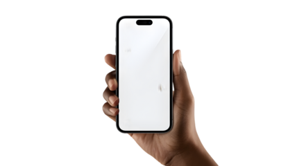 Hand holding smartphone with blank screen isolated on white background, ready for mockup and application promotion