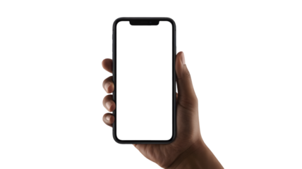 Hand holding smartphone with blank screen isolated on white background, ready for mockup and application promotion
