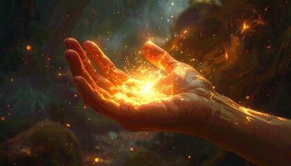 A close-up of a hand glowing with golden light and sparkles in the dark background