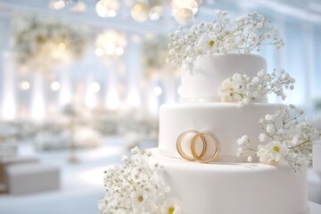 Wedding cake decorated with gypsophila flowers and wedding rings on the background of a wedding banquet hall. Advertising cakes for weddings. Wedding invitation.