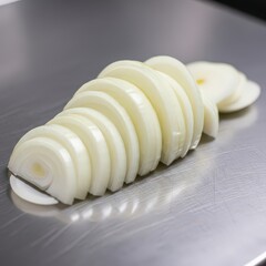 Close up of sliced raw onion rings stacked on stainless steel table