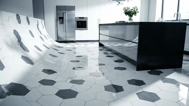 White hexagonal tile pattern on floor rising up to form curved wall in modern kitchen, interior design animation
