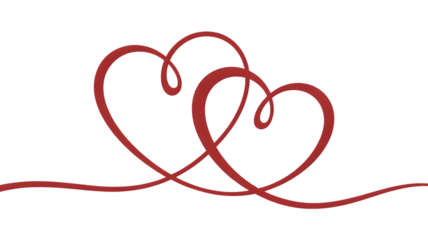 Two elegant red hearts intertwined on white background, symbolizing love, connection, and romantic relationship isolated on white background