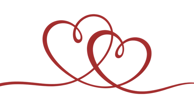 Two elegant red hearts intertwined on white background, symbolizing love, connection, and romantic relationship isolated on white background