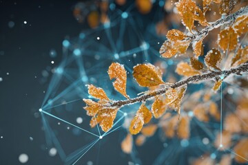 The delicate art of seasons: autumn's finale under a blanket of snow. Intelligent network. Close-up of orange and yellow leaves on a branch beneath the season's first snow. Data connectivity.