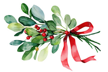 Obraz premium Beautiful watercolor mistletoe bouquet featuring vibrant green leaves and bright red berries tied with a festive ribbon for holiday decor