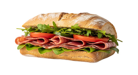 Hearty Ciabatta Sandwich, with Salami Lettuce Tomato and Arugula, isolated on white or transparent background, AI