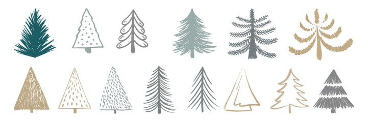 Christmas Tree Vector Set with Hand Drawn Style – Artistic Holiday Illustrations for Winter Greeting Cards, Seasonal Decor, Invitations, and Festive Design Concepts