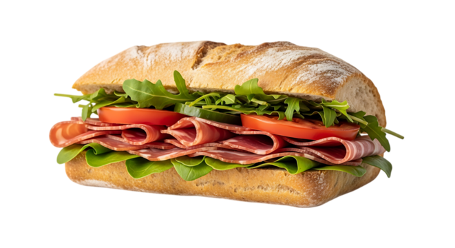 Hearty Ciabatta Sandwich, with Salami Lettuce Tomato and Arugula, isolated on white or transparent background, AI