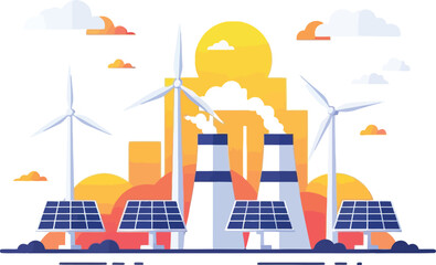 Modern industrial landscape showcasing renewable energy sources like solar panels and wind turbines alongside a power plant