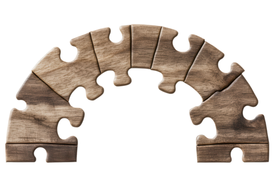 Puzzle bridge connecting two sections of a community area for enhanced interaction and engagement among residents in a serene setting