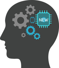 The concept of retraining and adapting to new technologies. In a person's head, old gears are replaced with a processor, symbolizing the upgrade of skills, learning, and development for a new career.