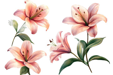 Collection of beautifully painted grunge oil lilies featuring soft pink hues, vibrant greens, and intricate details set against a transparent background © Pavel