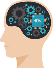 The concept of retraining and adapting to new technologies. In a person's head, old gears are replaced with a processor, symbolizing the upgrade of skills, learning, and development for a new career.