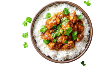 Chicken adobo served over fluffy white rice with fresh cilantro garnished on top for a flavorful meal experience