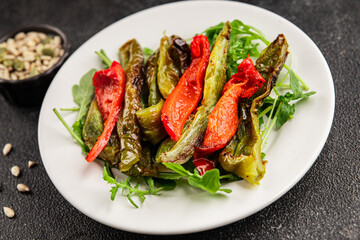 Grilled pepper salad roasted vegetables bbq meal tasty snack fresh delicious gourmet food background on the table rustic food top view copy space keto and paleo diet vegan and vegan food