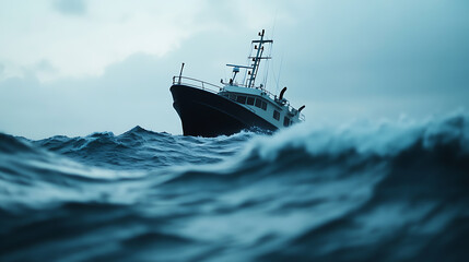 Fototapeta premium A vessel navigating choppy waters under a moody sky, suggesting a journey through challenging conditions or a scene from a maritime adventure.