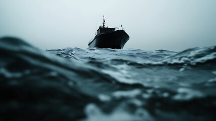 Vessel at Sea: A stark, monochrome vessel bravely navigates a turbulent, wave-swept sea under a somber sky. A powerful image of maritime resilience.