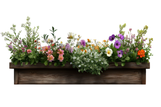 Colorful flowers blooming in a wooden window box bringing charm to any setting