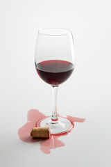 Spilled Red Wine Glass with Cork on White Background