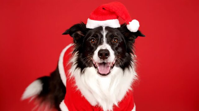Happy domestic dog border collie wears santa hat and costume on Christmas day with red background footage
