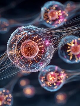 Vibrant illustration of neural pathways and cellular connections, symbolizing complex biological processes, technological advancements, and the intricate dance of life's fundamental building blocks