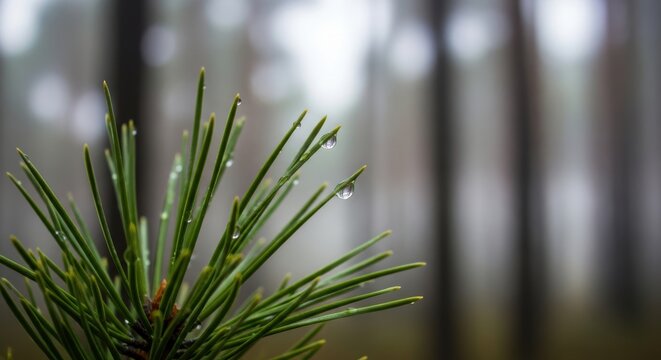 Close-up of pine needles with dew in a misty forest - Powered by Adobe