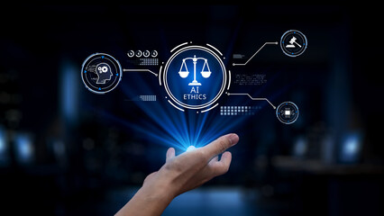 Fototapeta premium A hand reaches towards a glowing holographic display symbolizing AI ethics featuring scales of justice and a head icon, representing the intersection of technology and morality. Synapse