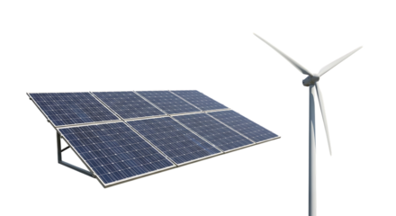 Array of solar panels and a white wind turbine, with three blades, isolated on white or transparent background, AI