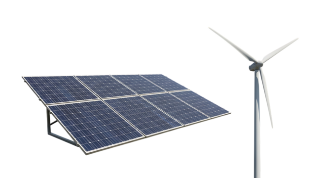 Array of solar panels and a white wind turbine, with three blades, isolated on white or transparent background, AI
