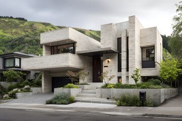 Modern brutalist architecture featuring light sandstone home design