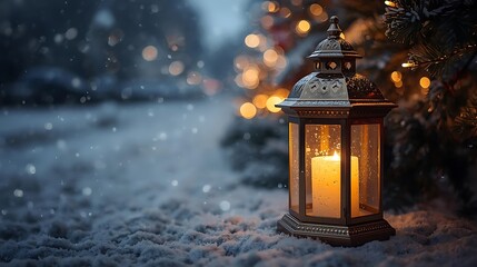 Glowing Lantern on Snowy Ground