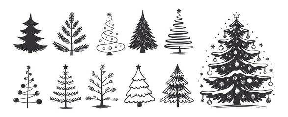 Christmas Tree Vector Set with Hand Drawn Style – Artistic Holiday Illustrations for Winter Greeting Cards, Seasonal Decor, Invitations, and Festive Design Concepts