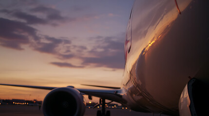 Airplane at Sunset: A commercial airliner is stationed on the tarmac. The sunset reflects beautifully off the fuselage, with a soft sky in the background.