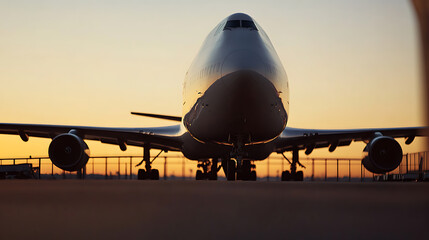 Obraz premium Jetliner at dawn ready for flight, silhouetted against the sunrise. Ground-level perspective highlights its impressive size and power.