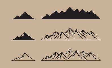 Collection of stylized mountain silhouettes and line art illustrations
