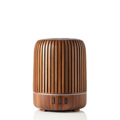 A close up of a brown wooden diffuser with vertical slats against a black and white background space