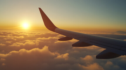 Obraz premium Flying above the clouds at sunset. The sun shines brightly on the wing of the aircraft, creating a beautiful vista. The sky is a clear blue near the horizon.