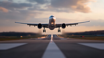 Naklejka premium Aircraft soars skyward against a warm-toned sunset, runway lines receding into the horizon. Wheels up, engines burning, a symbol of modern flight.