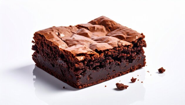 Single chocolate brownie with cracked top and gooey interior, rich and indulgent dessert.