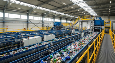 Naklejka premium Wide View of Sorting Lines at a Modern Waste Recycling Facility